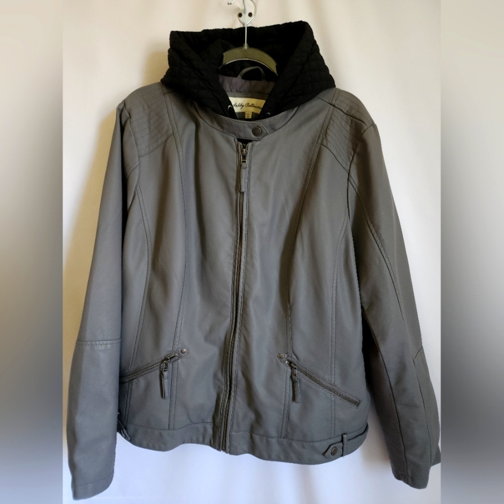 Gray Hooded Faux Leather Jacket Hooded